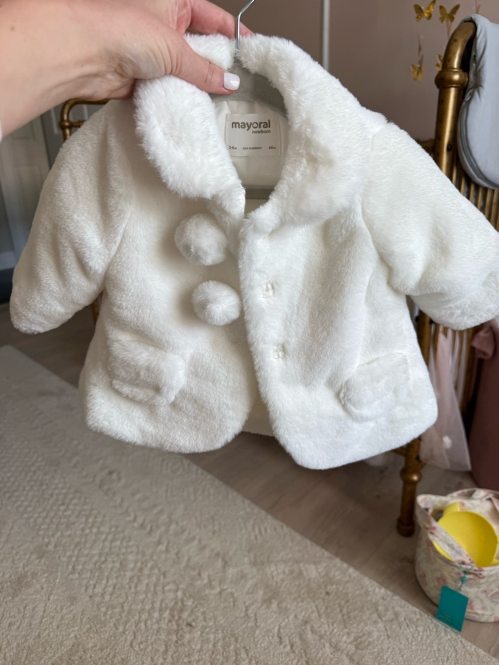 Mayoral White Faux-Fur Baby Cape Jacket with Pom Buttons